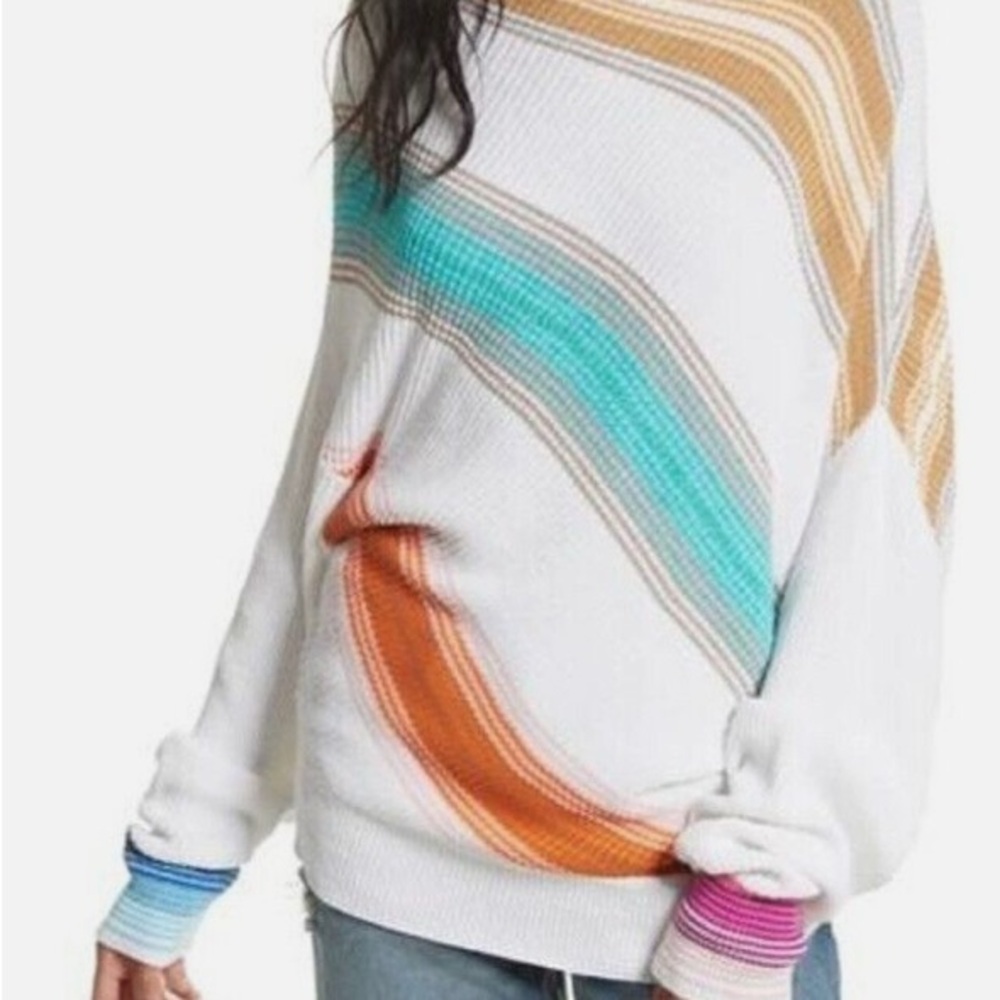 Free People Womens M Ivory Spectrum Striped Long Dolman Sleeve Pullover Sweater